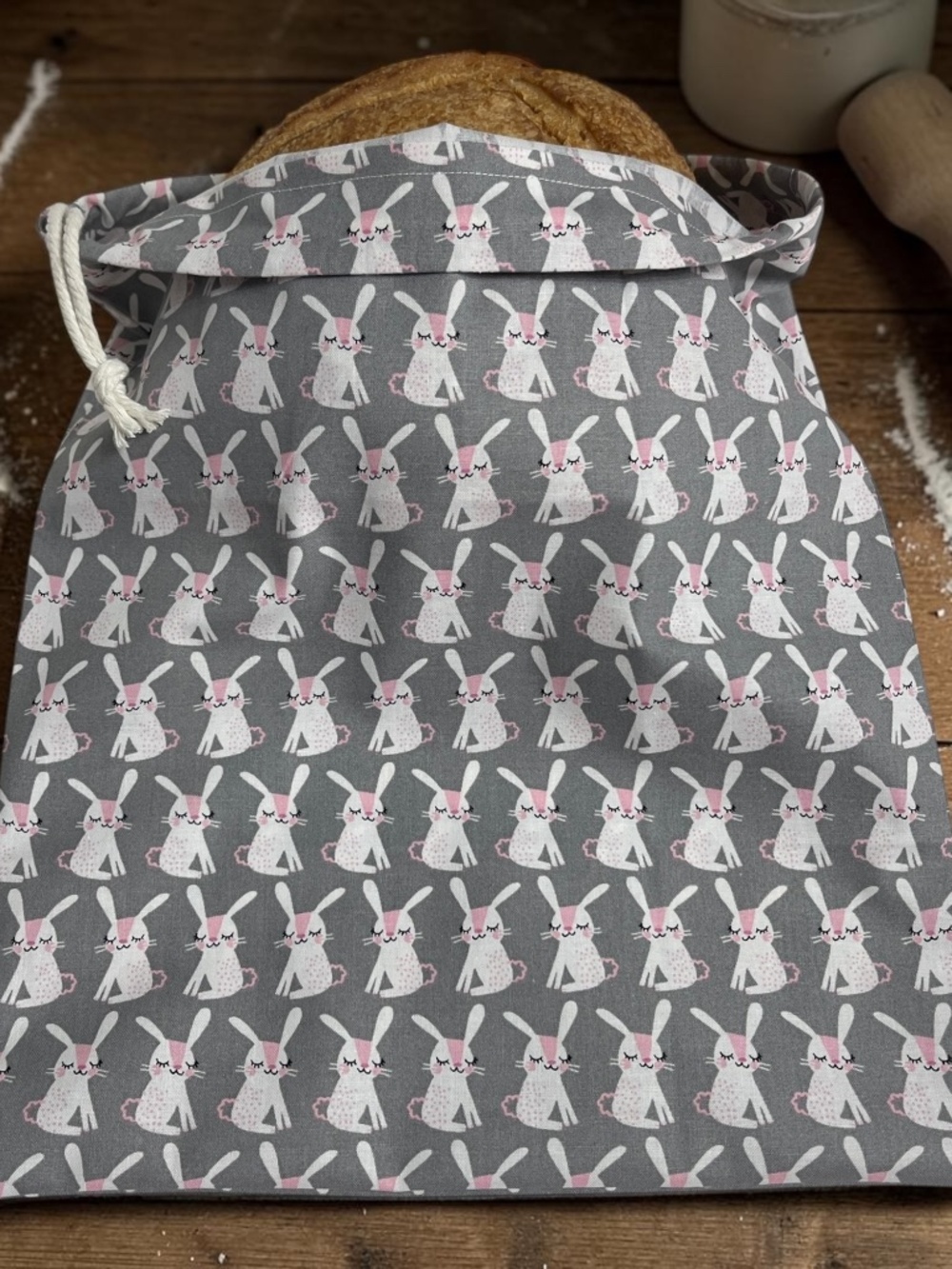 Gray Bunny Rabbit Bread Bag, Reusable Cotton Sourdough Bread Bag, Easter Bunny
